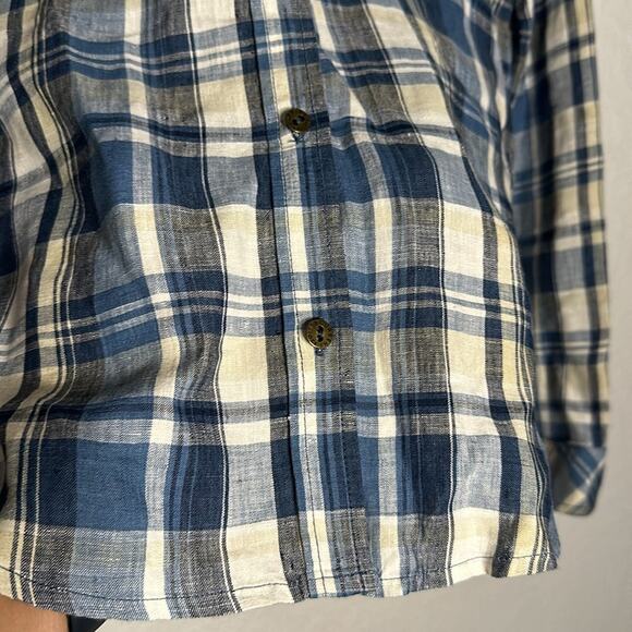 NEW Current / Elliot 100% Linen Picnic Plaid Slim Boy Shirt Blue Summer Vacation - Picture 3 of 8